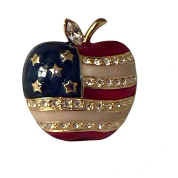 GE Wlind Signed Enamel American Flag Apple Brooch Pin With Rhinestones Vintage - Picture 7 of 14